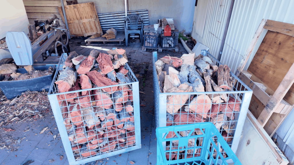 Red oak and white oak firewood stored for the wood-fired oven at Pizzeria Trieste in Port Lincoln.