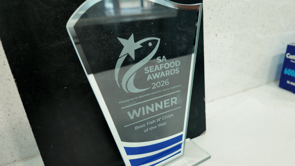 SA Seafood Awards 2026 Best Fish N Chips trophy at The Fresh Fish Place Port Lincoln.