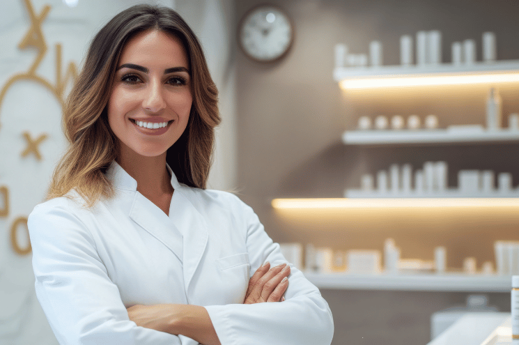A confident skincare specialist surrounded by skincare products, ready to assist clients with treatments.
